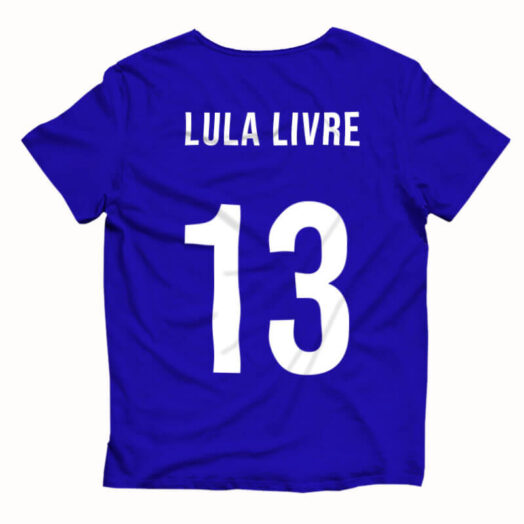 Camiseta azul Seleção Brasileira Lula livre Costas