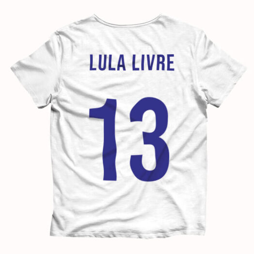 Camiseta branca Seleção Brasileira Lula livre Costas