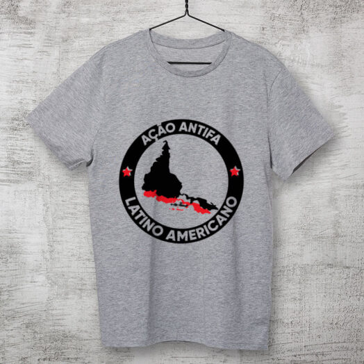 camiseta estampada algodao - Antifa Latinoamerica cinza mescla