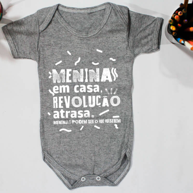 Body algodao bebe - Meninas em casa revolução atrasa - cinza mescla - manga curta