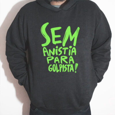 moleton com capuz de algodão preto - sem anistia para golpista em formato escudo