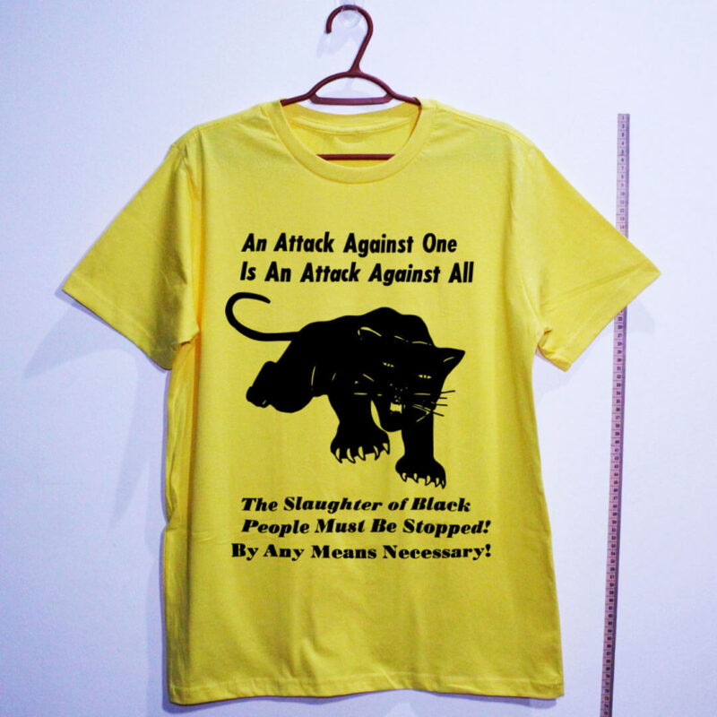 Camiseta amarela de algodão - Pantera Negra - Para Auto Defesa - An attack against one is an attack against all