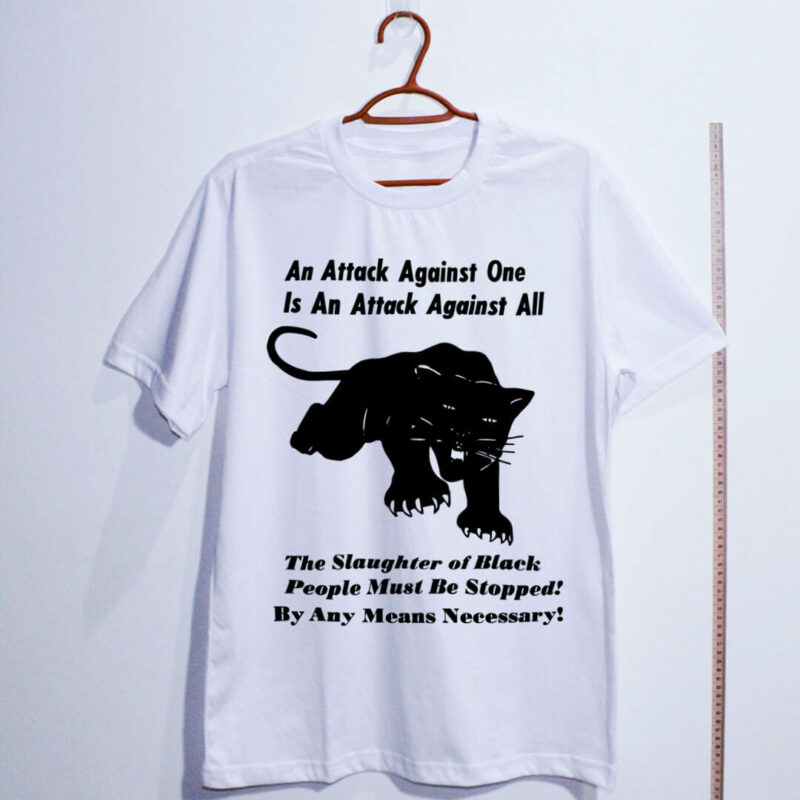 Camiseta branco de algodão - Pantera Negra - Para Auto Defesa - An attack against one is an attack against all