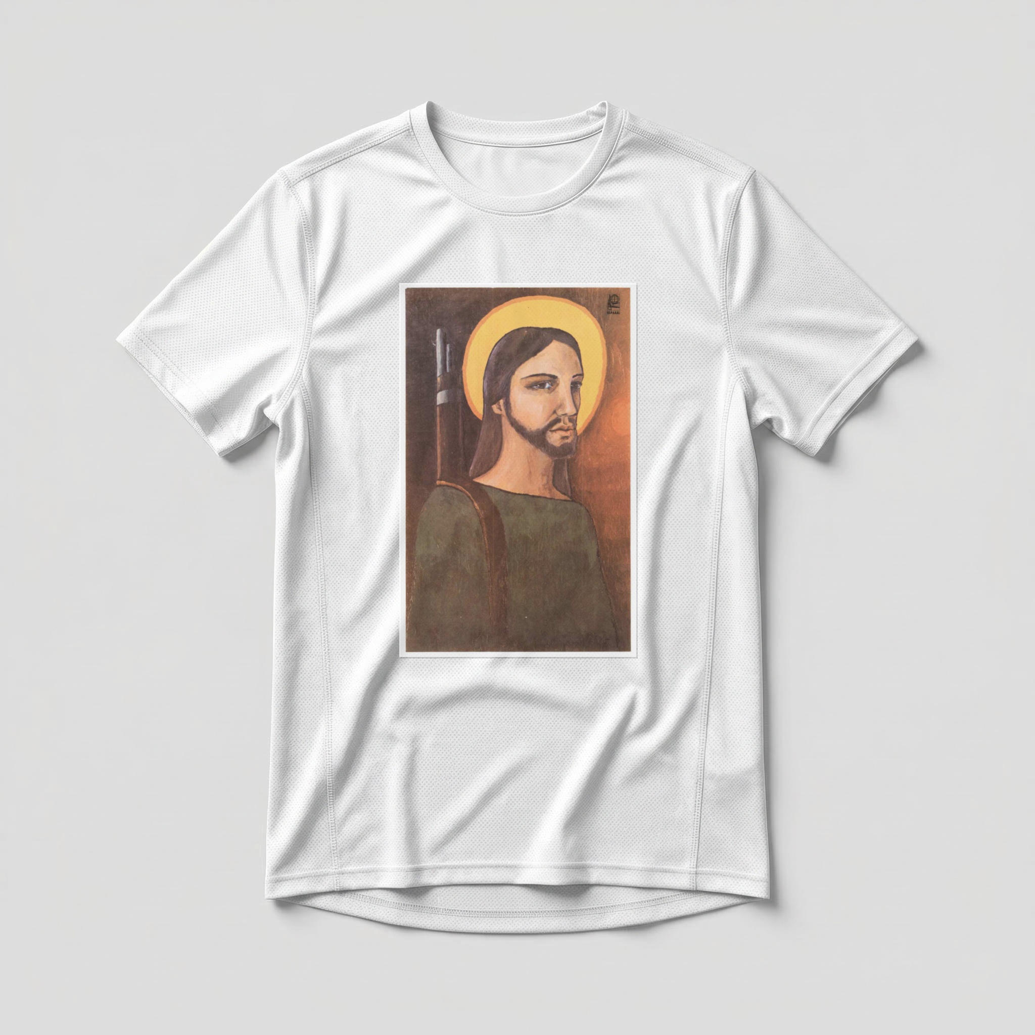 Camiseta_dry_fit_branco_que_isso_camarada_-_Cristo_guerrilheiro_-_Alfredo_Rostgaard_1969 | Cristo guerrilheiro - Alfredo Rostgaard 1969