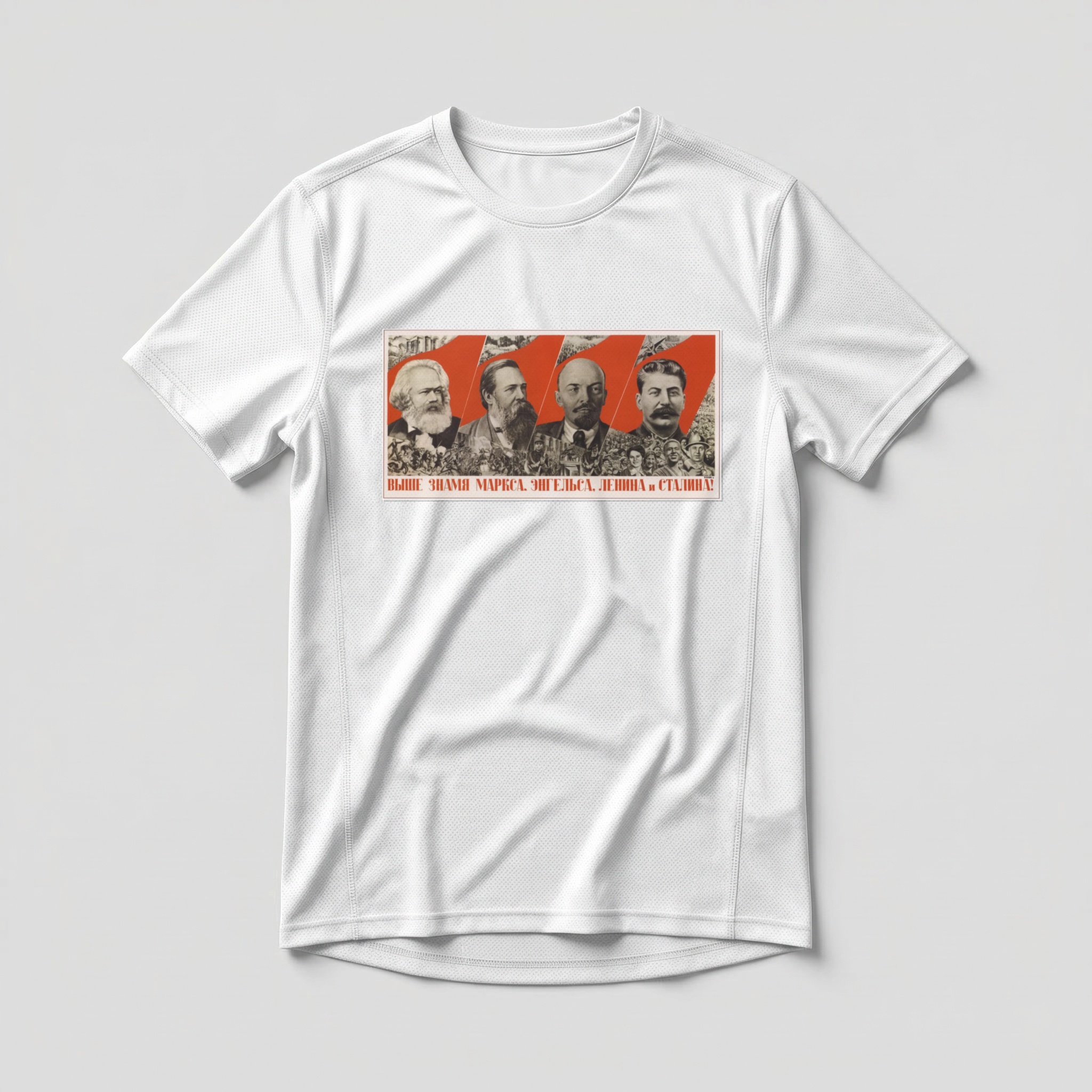Camiseta_dry_fit_branco_que_isso_camarada_-_Erguei_a_bandeira_de_Marx_Engels_Lenin_e_Stalin | Erguei a bandeira de Marx, Engels, Lênin e Stálin