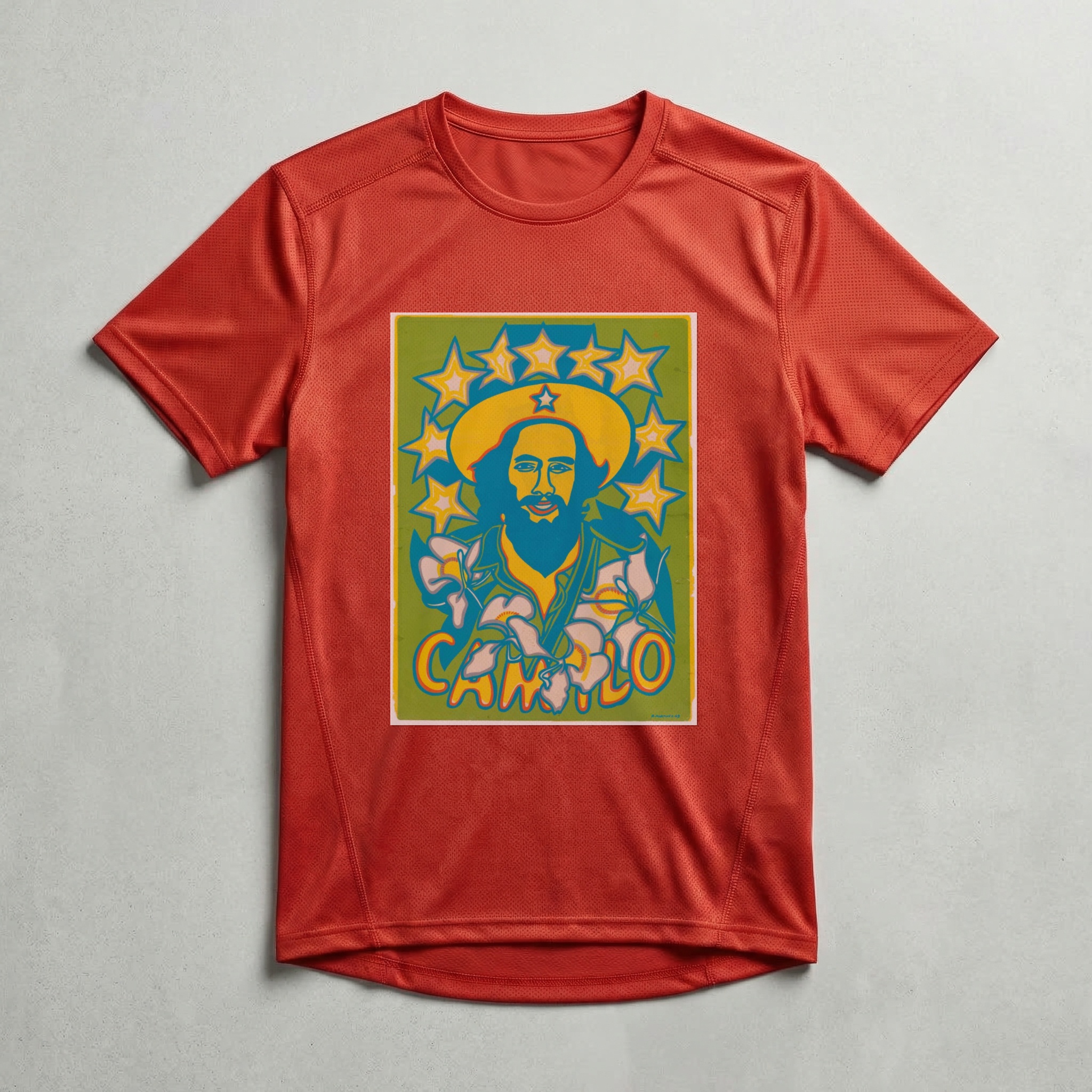 Camiseta_dry_fit_vermelho_que_isso_camarada_-_Camilo_Cienfuegos_pop_art | Camilo Cienfuegos pop art