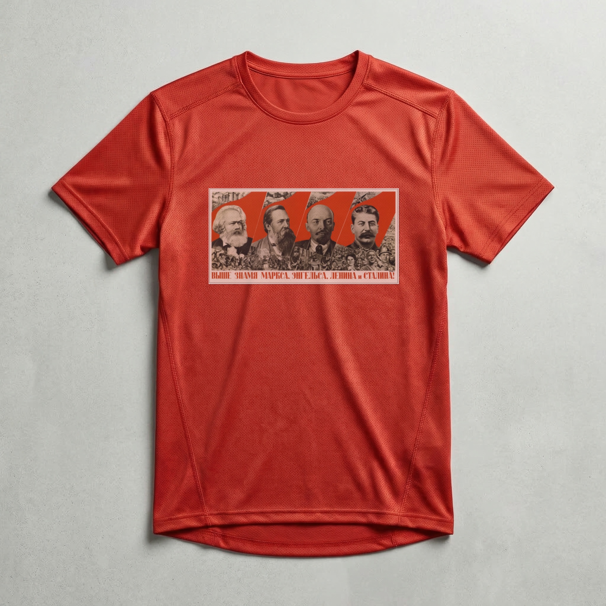 Camiseta_dry_fit_vermelho_que_isso_camarada_-_Erguei_a_bandeira_de_Marx_Engels_Lenin_e_Stalin | Erguei a bandeira de Marx, Engels, Lênin e Stálin