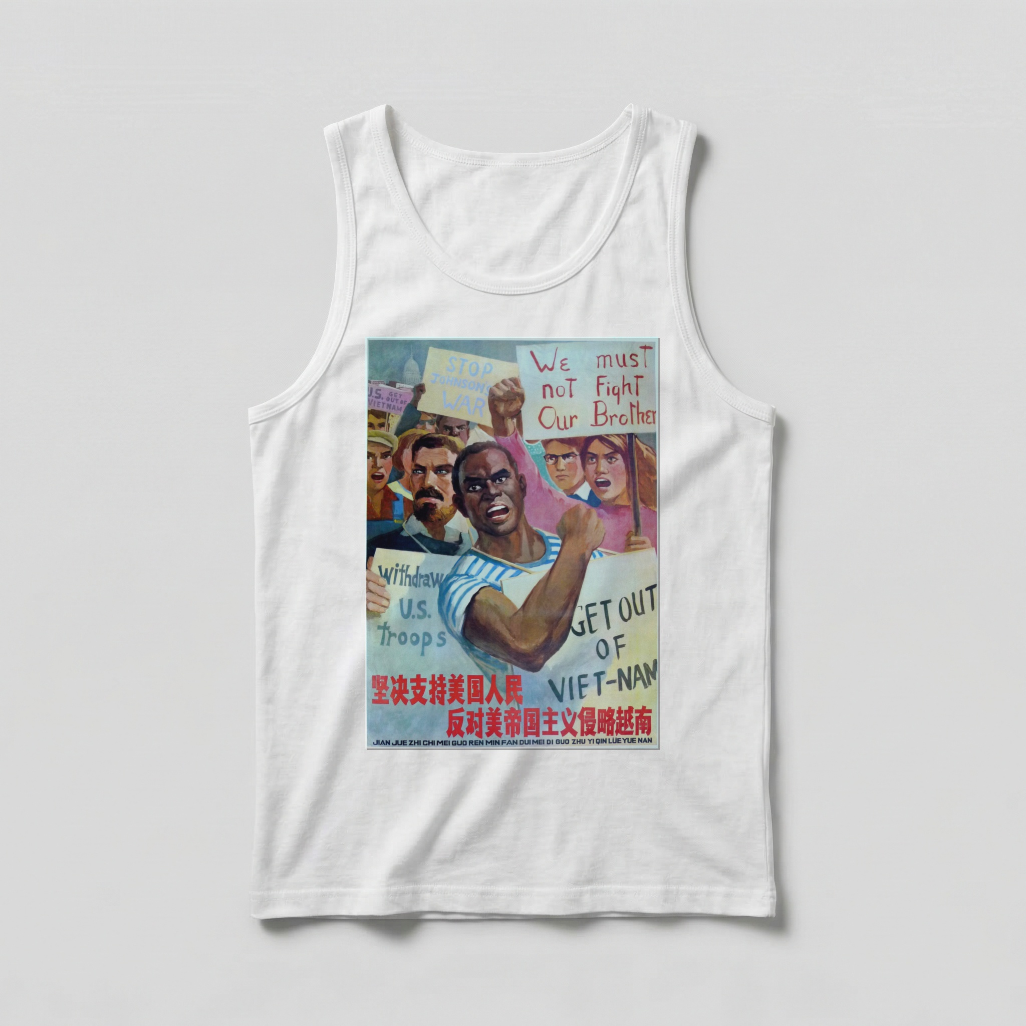 Camiseta_regata_branco_que_isso_camarada_-_Apoie_o_povo_americano_contra_a_agressao_no_Vietna | Apoie o povo americano contra a agressão no Vietnã