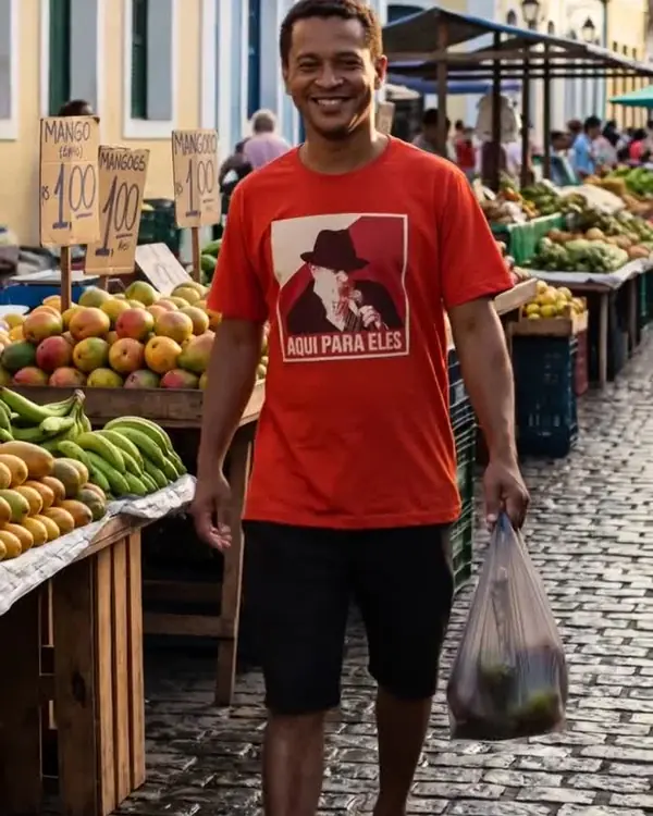 Camiseta Lula Aqui para eles em uso numa feira